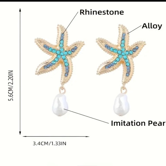 Gold plated Starfish & Blue Rhinestones earrings with faux pearl drops - Picture 3 of 4
